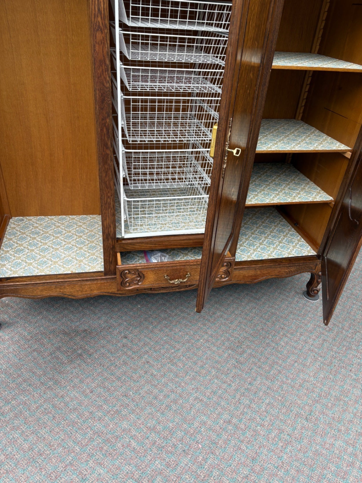 67687  Antique French Provincial Oak Wardrobe with Carved Details