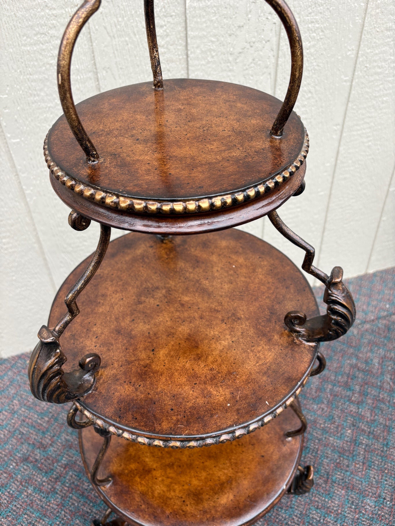 67831 Ornate Three-Tier Accent Table with Metal Scrollwork and Wood Finish