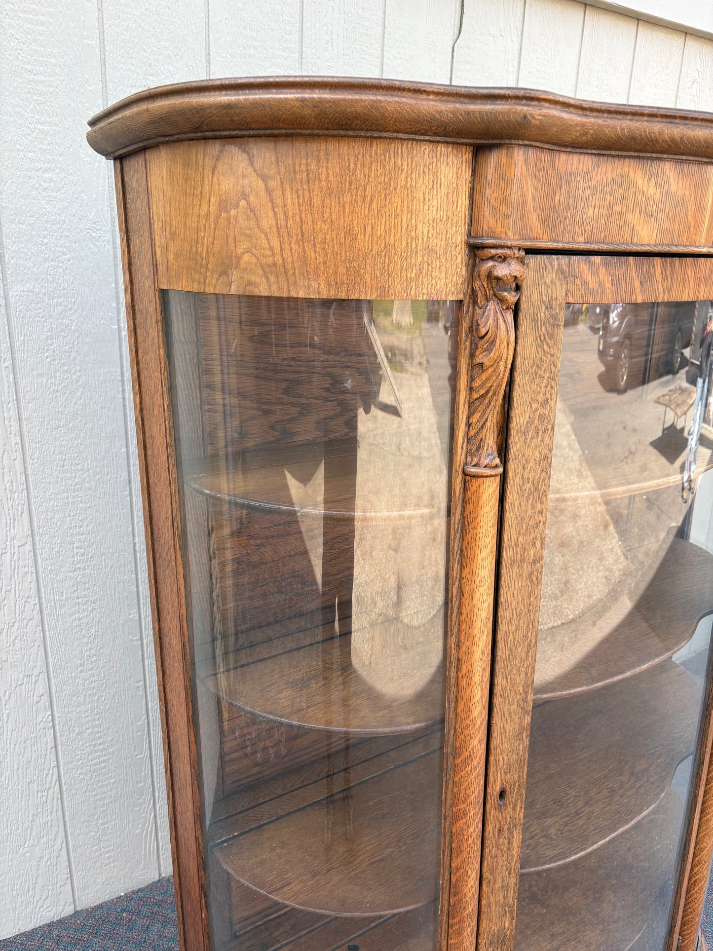 67718 Antique Oak Lion Head China Cabinet with Curved Glass Doors