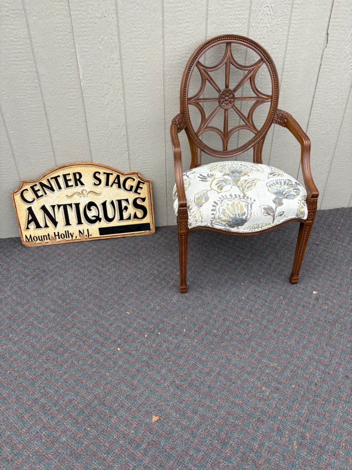 67658 Ethan Allen Carved Armchair with Floral Upholstery