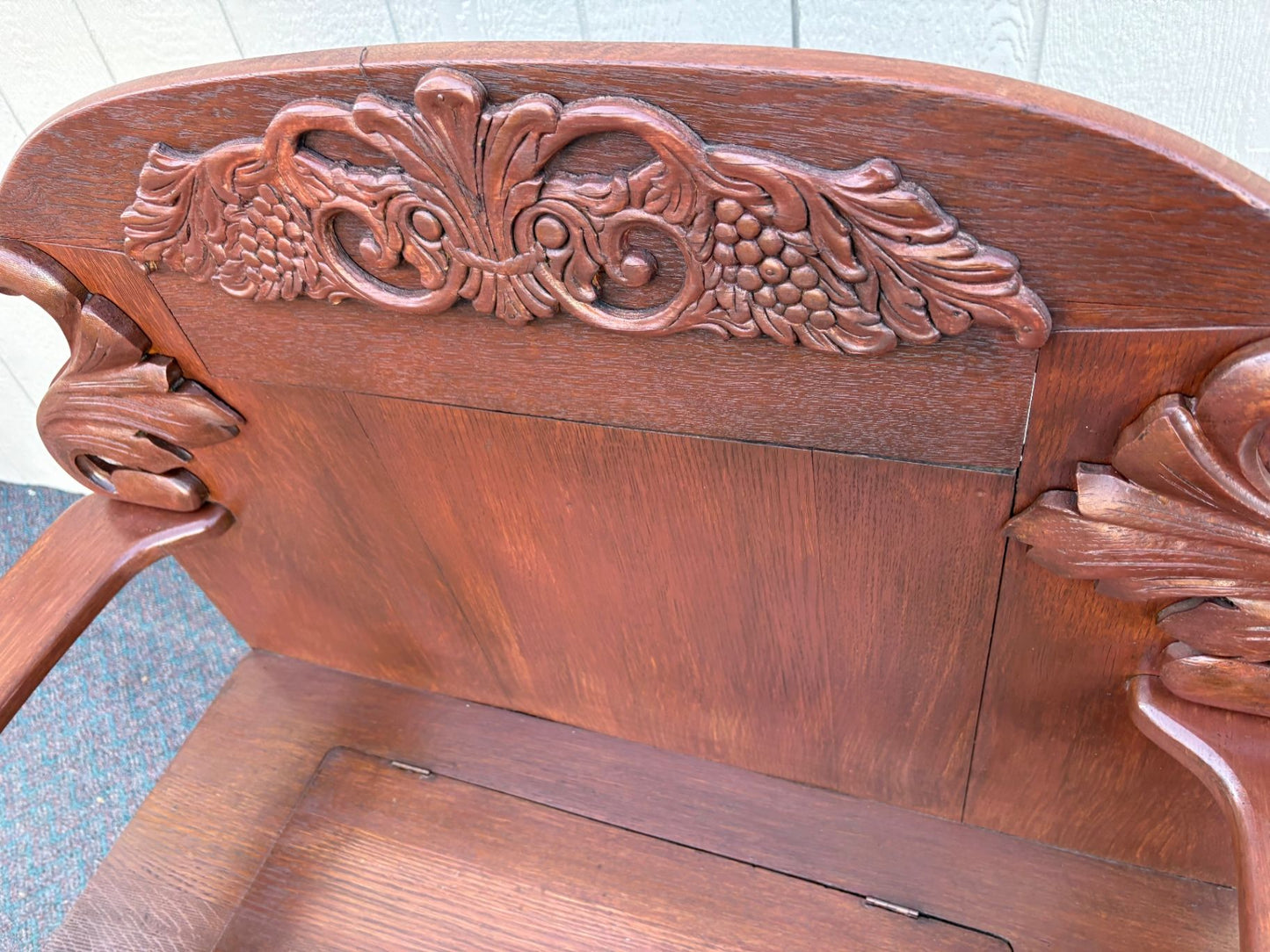 67564 Victorian Hall Seat with Intricate Carving in Rich Oak Finish