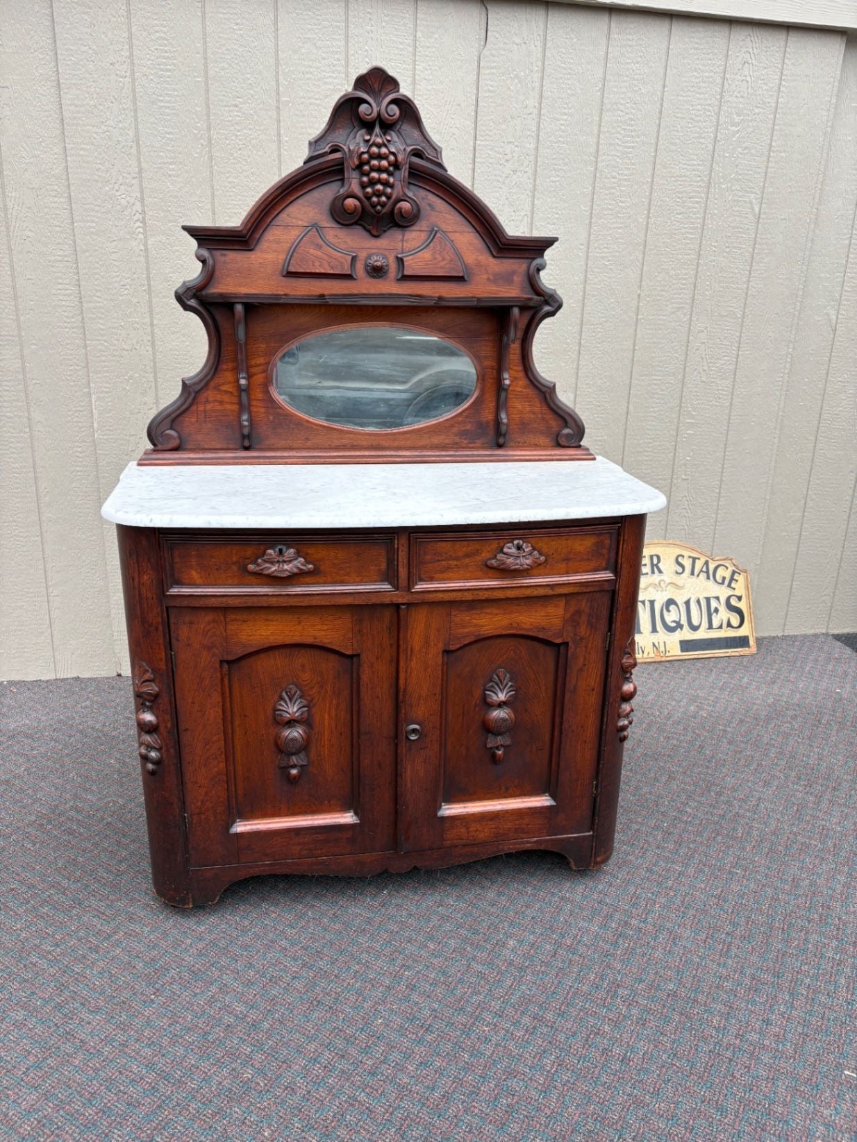 67622 Victorian Marble Top Buffet with Mirror and Ornate Carvings