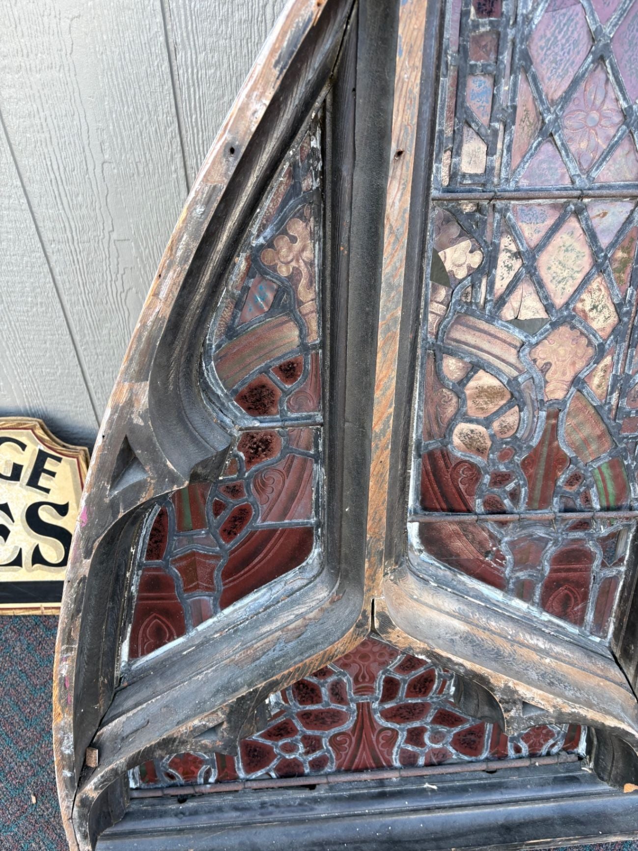 67488 Gothic Arched Stained Glass Window with Wooden Frame