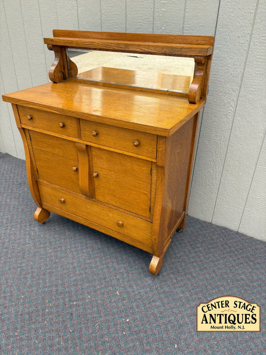 67790 Antique Oak Buffet with Mirror and Storage, Early 20th Century