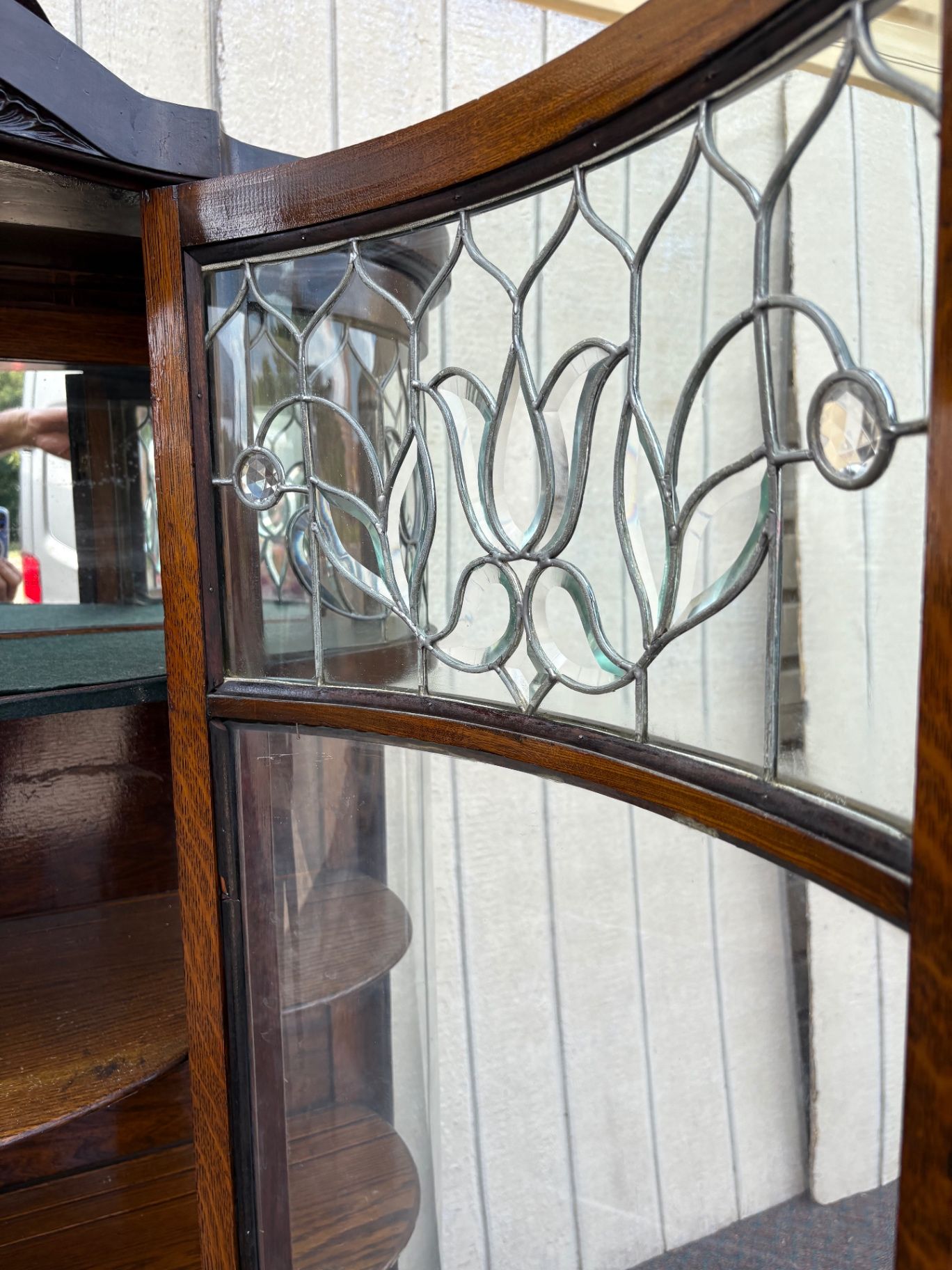 66903 Antique Leaded Glass Oak Bow Front China Cabinet