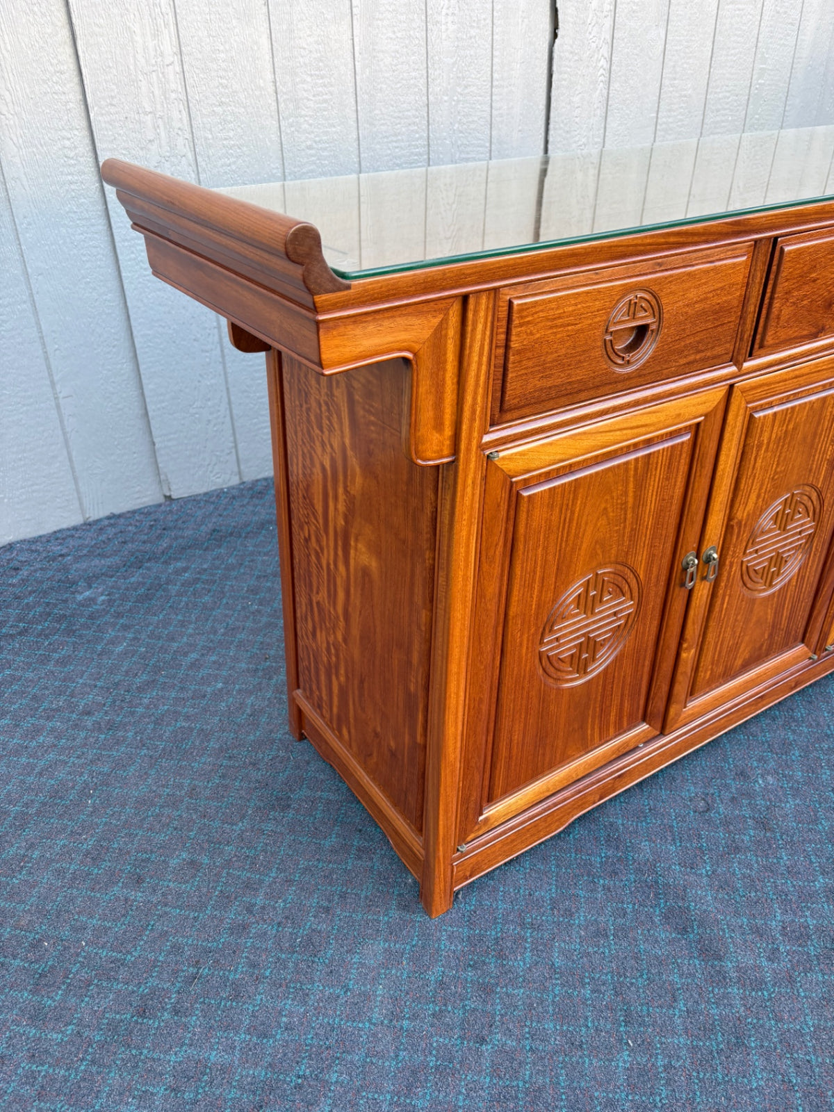 Mid-Century Oriental Sideboard with Glass Top and Carved Details