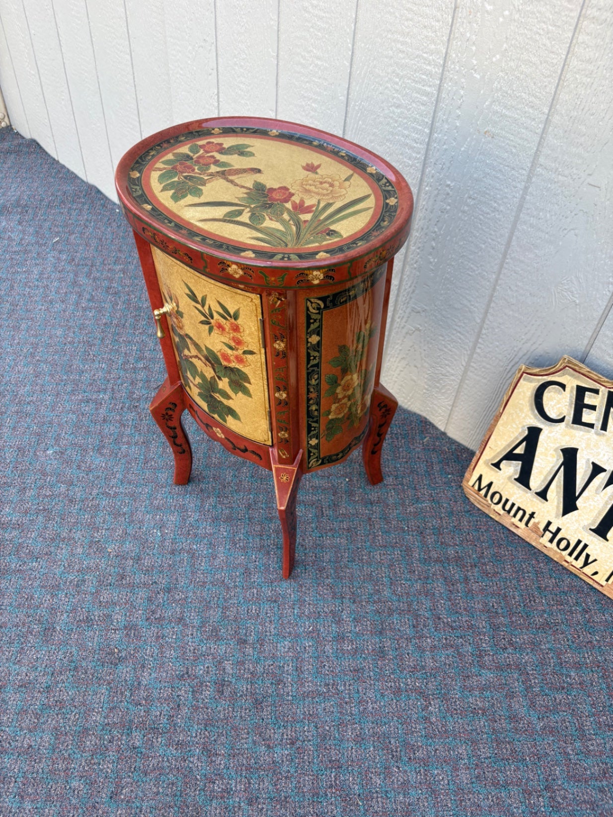 67855  Hand-Painted Oval Accent Table with Floral and Bird Motif