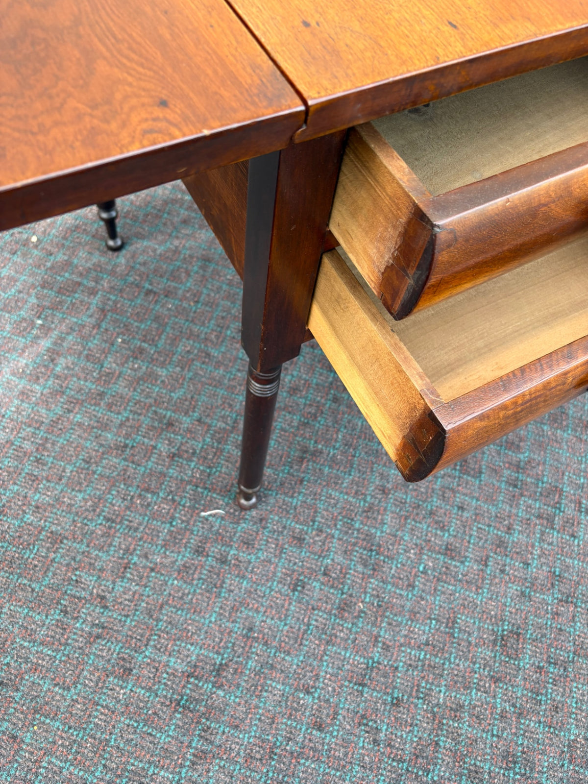 67916 Antique Drop Leaf Table with Two Drawers, Mahogany Finish
