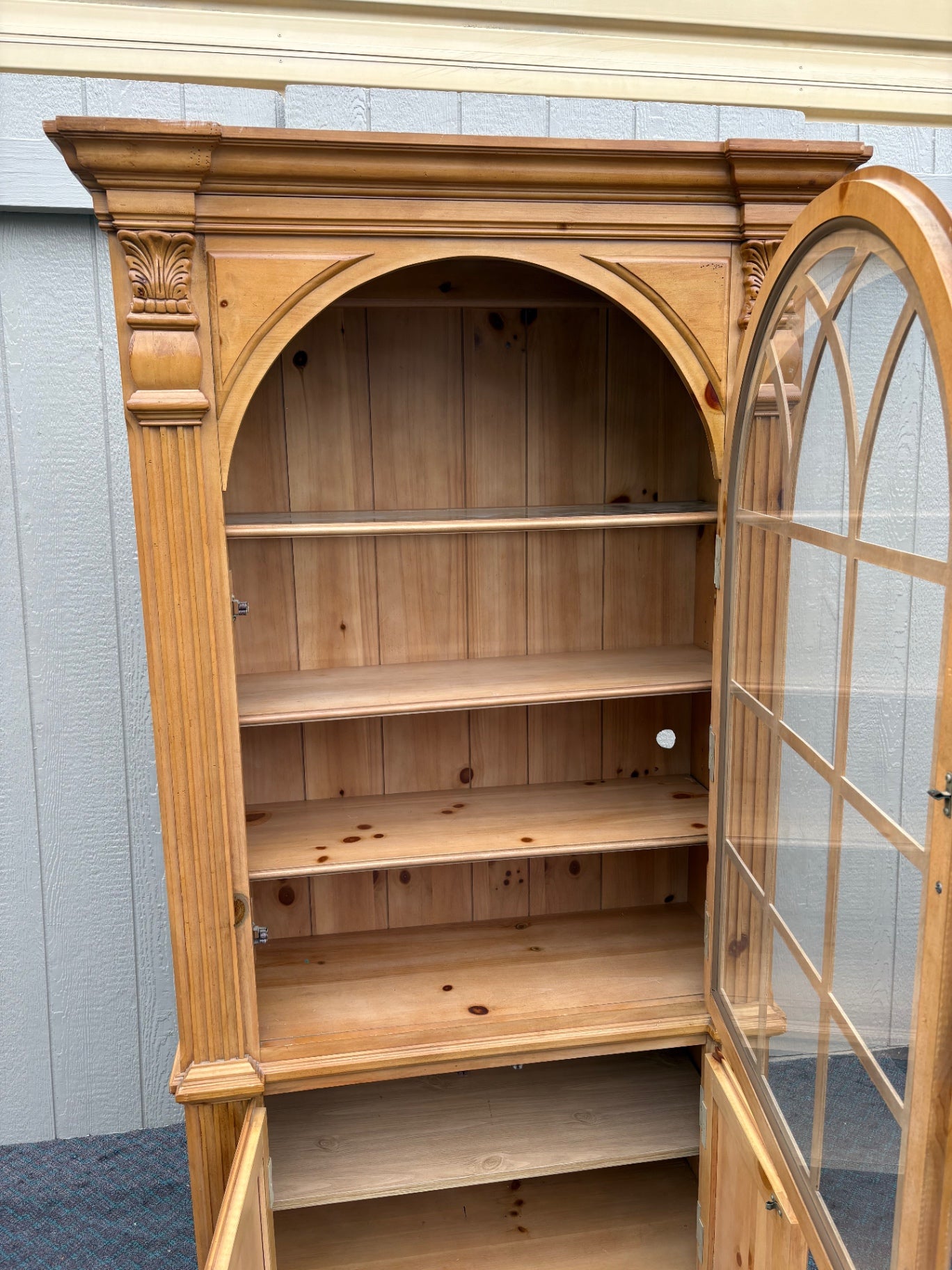 67671  Antique Pine Curio Bookcase with Glass Doors and Cabinet