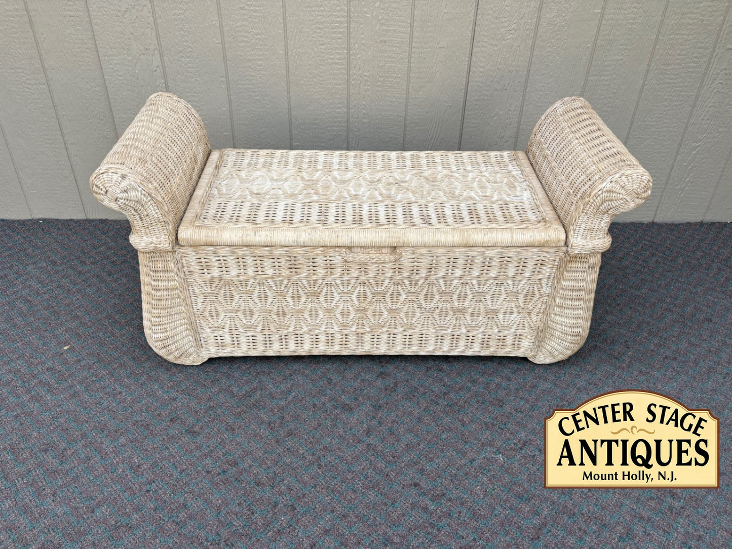 67851 Vintage Wicker Storage Trunk with Rolled Arms and Hinged Lid