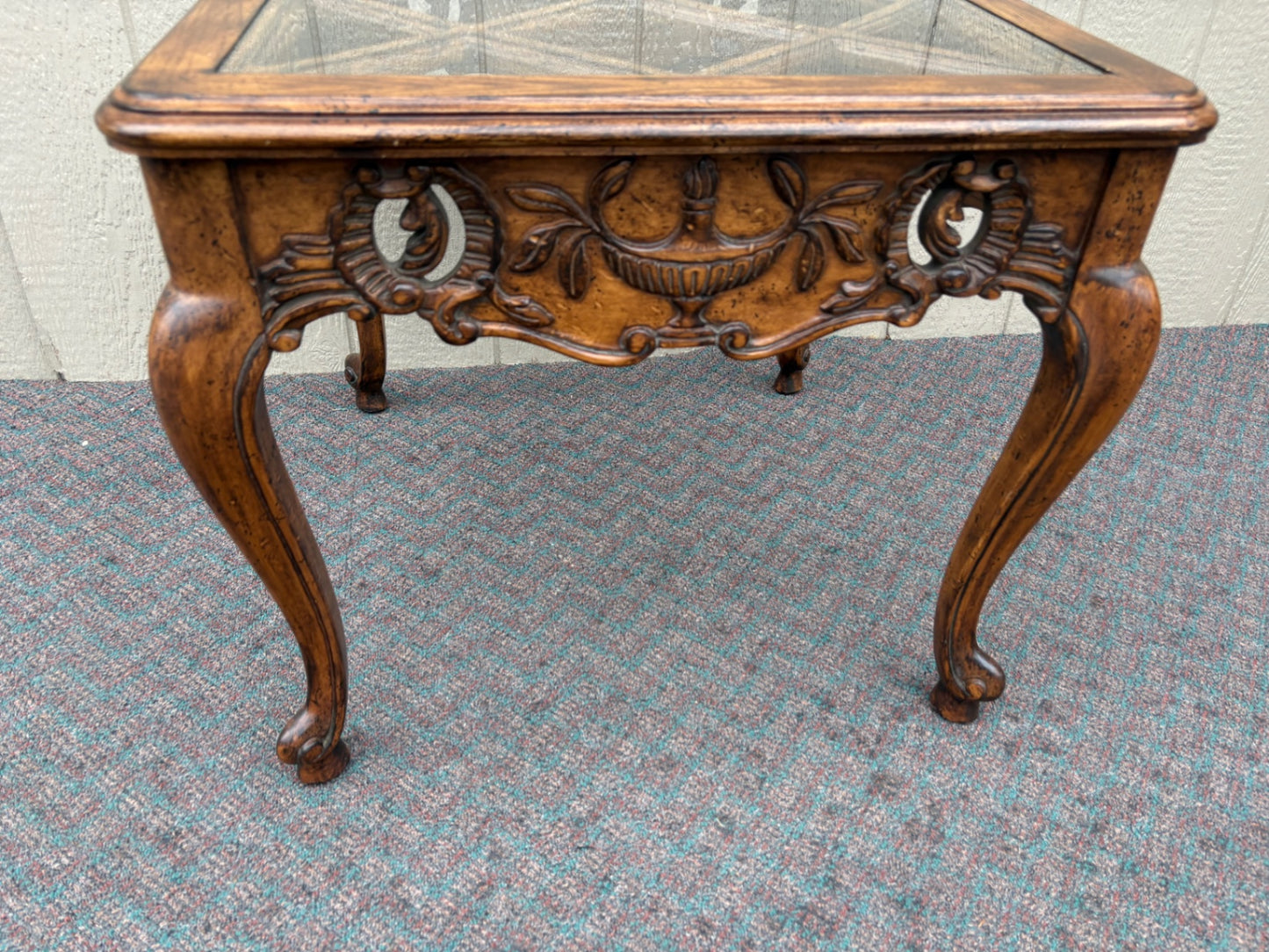 67879 Vintage French Provincial Glass Top End Table with Carved Details
