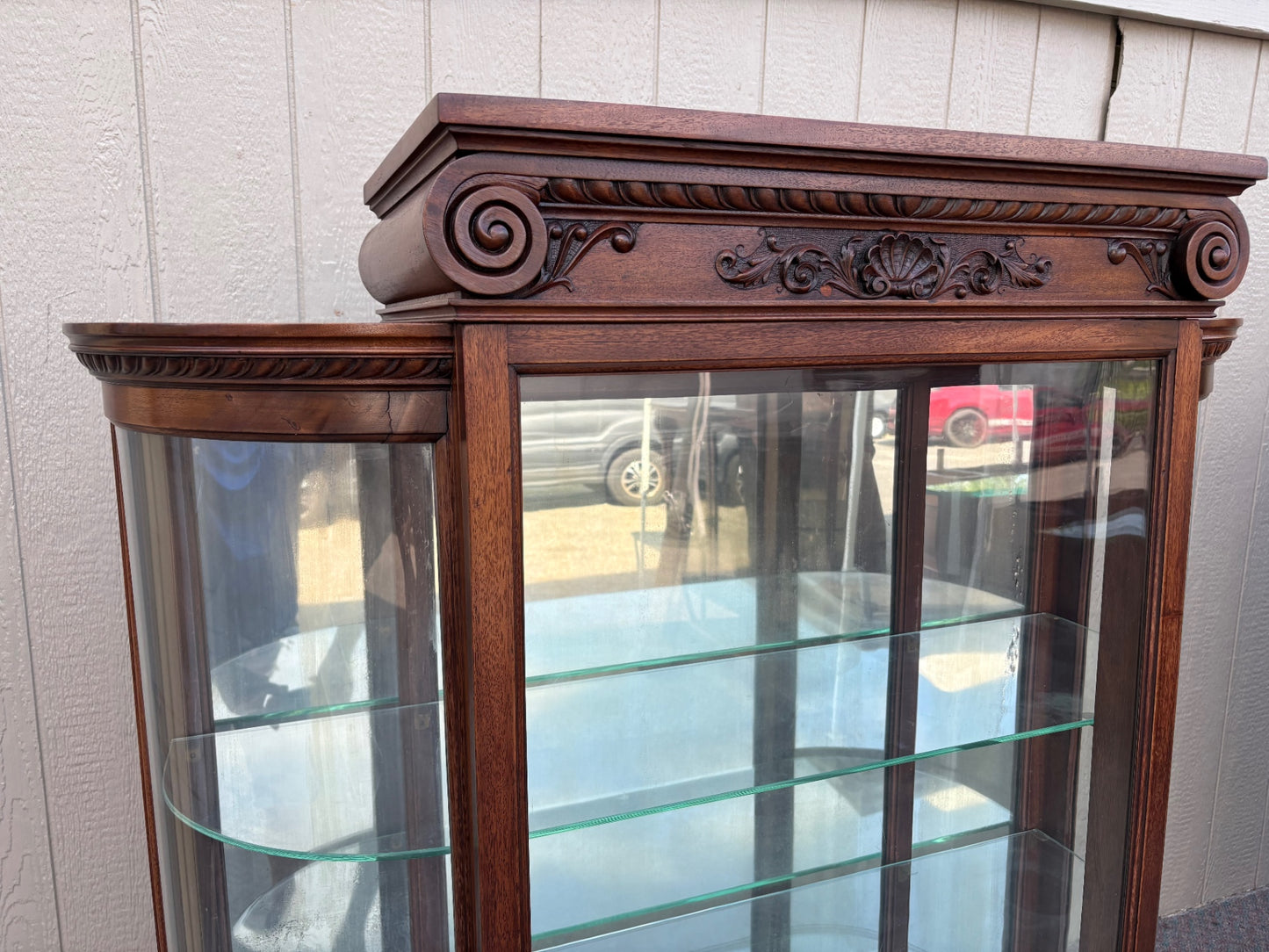 68015 Antique Bow Glass China Cabinet with Carved Mahogany Details