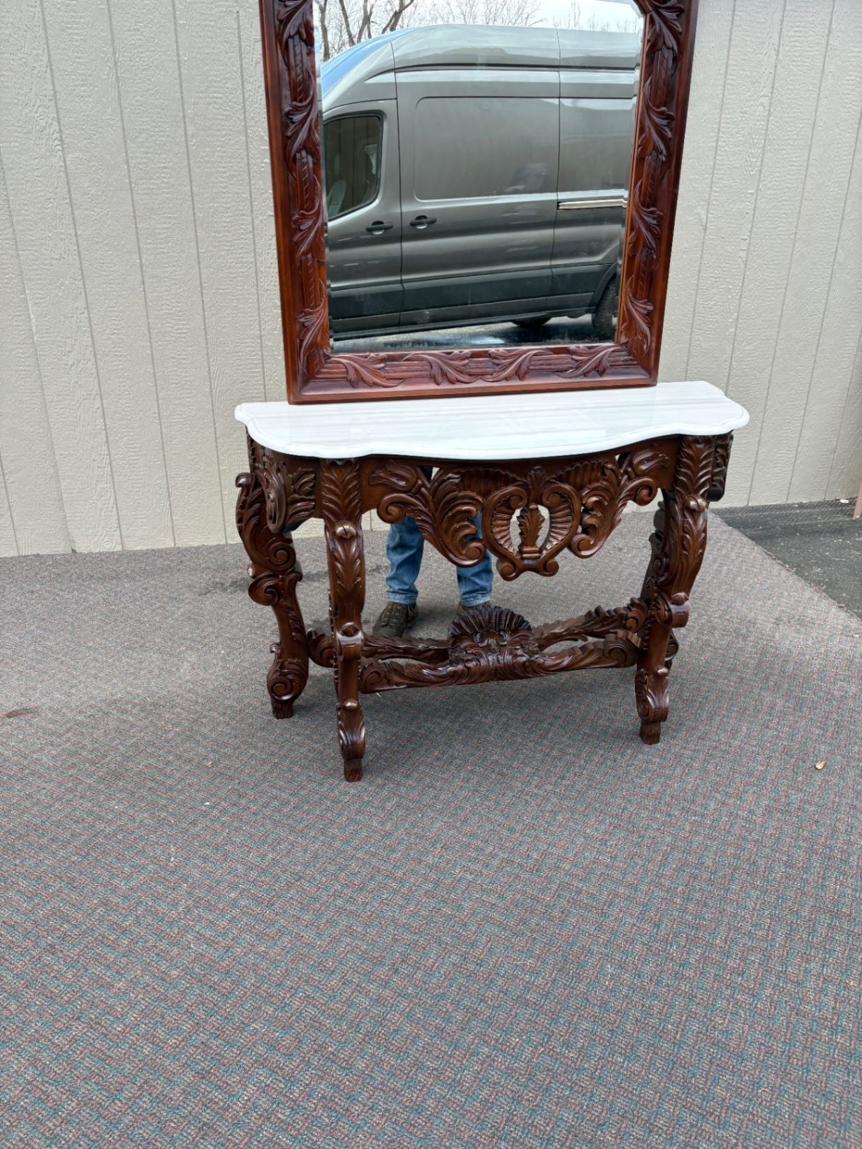 67574 Solid Mahogany  Marble Top Console Table with Ornate Mirror