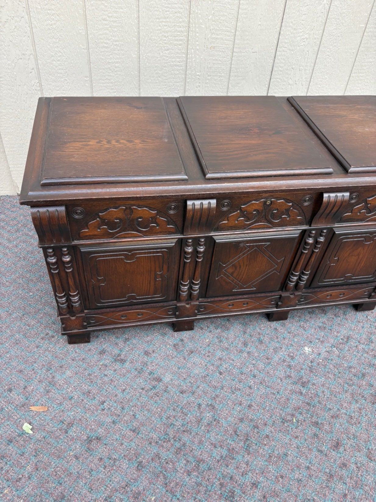67754 Vintage Dark Oak Trunk with Carved Details and Panel Design
