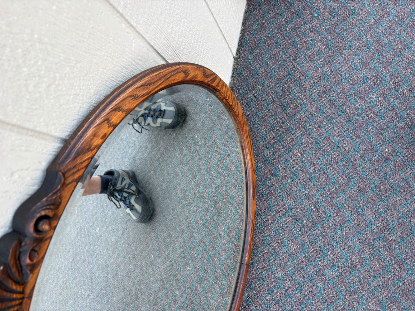 67652 Antique Victorian Oval Oak Beveled Wall Mirror with Carved Detail