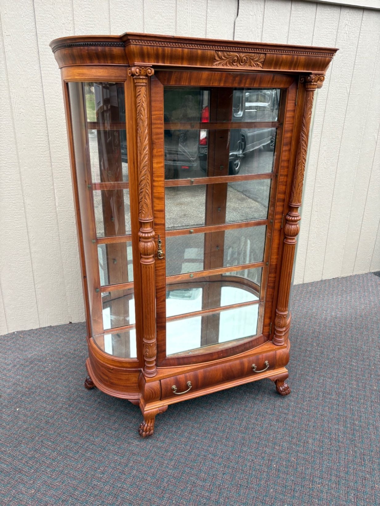67624 Victorian Mahogany Bow Front Glass China Cabinet with Claw Feet