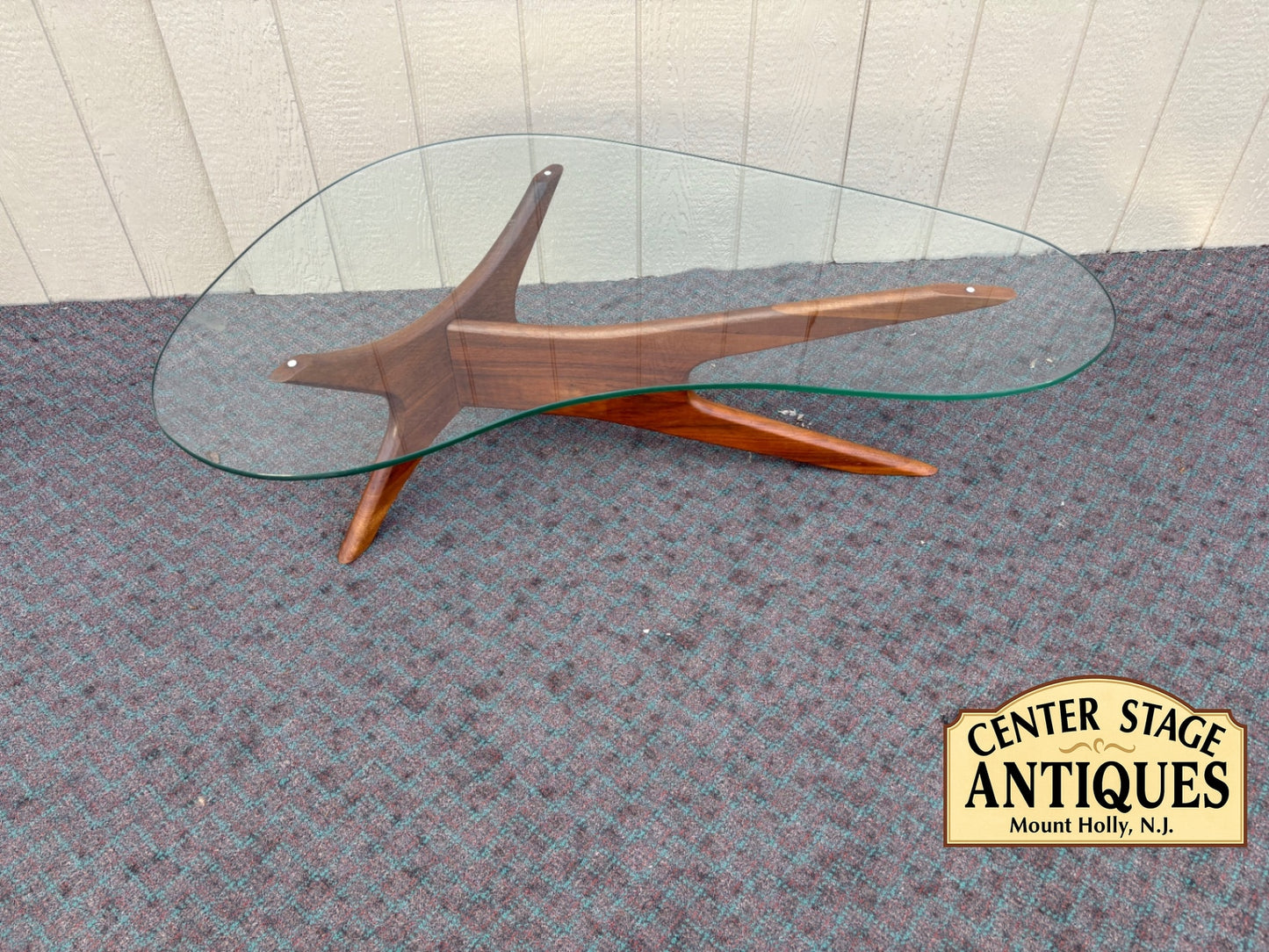 68052 Mid-Century Modern Glass Top Coffee Table with Sculptural Wood Base