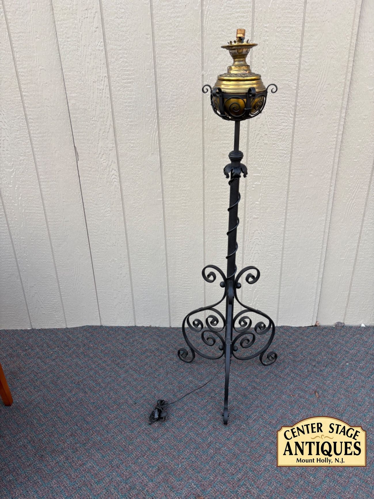 67400  Antique Victorian Wrought Iron Floor Lamp with Brass Font
