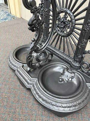 65703  Antique Victorian Cast Iron Hat Rack Halltree with Mirror Cherub and lion