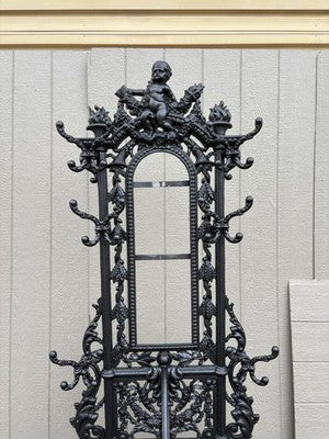 65703  Antique Victorian Cast Iron Hat Rack Halltree with Mirror Cherub and lion