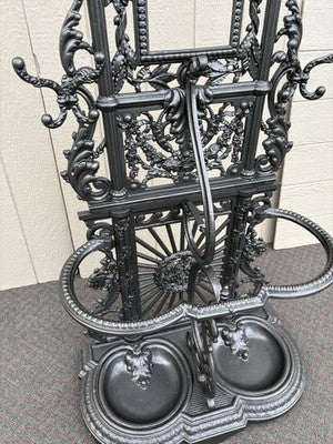 65703 Antique Victorian Cast Iron Hat Rack Halltree with Mirror Cherub and lion