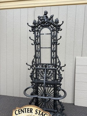 65703 Antique Victorian Cast Iron Hat Rack Halltree with Mirror Cherub and lion