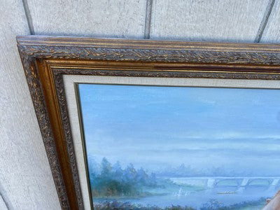 66563  Oil Painting of Lake and Bridge on Canvass  Picture Signed  S SELL DON
