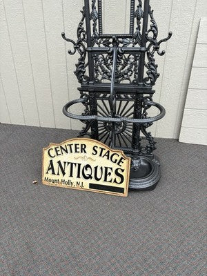 65703  Antique Victorian Cast Iron Hat Rack Halltree with Mirror Cherub and lion