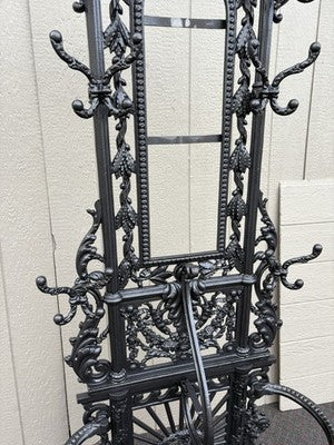 65703  Antique Victorian Cast Iron Hat Rack Halltree with Mirror Cherub and lion