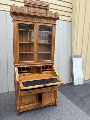 67028 Antique Victorian Oak Secretary Desk w/ Bookcase Top