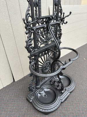65703 Antique Victorian Cast Iron Hat Rack Halltree with Mirror Cherub and lion
