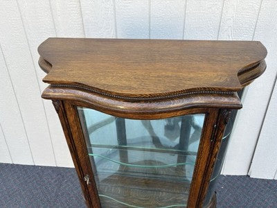 67008 Antique Victorian Oak Serpentine Glass Curio China Cabinet