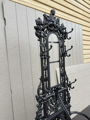 65703 Antique Victorian Cast Iron Hat Rack Halltree with Mirror Cherub and lion
