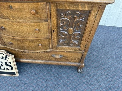 67012 Antique Victorian Oak Lion Head Buffet Sideboard Cabinet