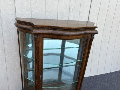 67008 Antique Victorian Oak Serpentine Glass Curio China Cabinet