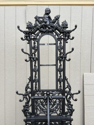 65703 Antique Victorian Cast Iron Hat Rack Halltree with Mirror Cherub and lion
