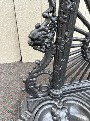 65703  Antique Victorian Cast Iron Hat Rack Halltree with Mirror Cherub and lion