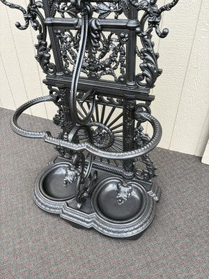 65703  Antique Victorian Cast Iron Hat Rack Halltree with Mirror Cherub and lion