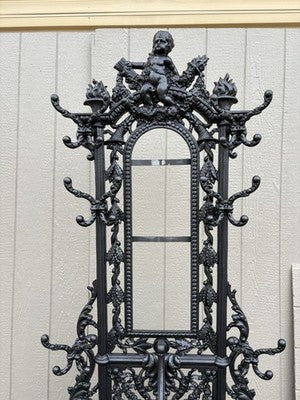 65703  Antique Victorian Cast Iron Hat Rack Halltree with Mirror Cherub and lion