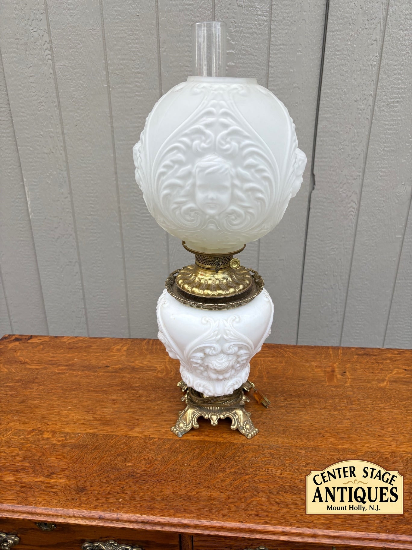 67961  Victorian Cherub Glass Lamp with Brass Base, 27 Inches Tall