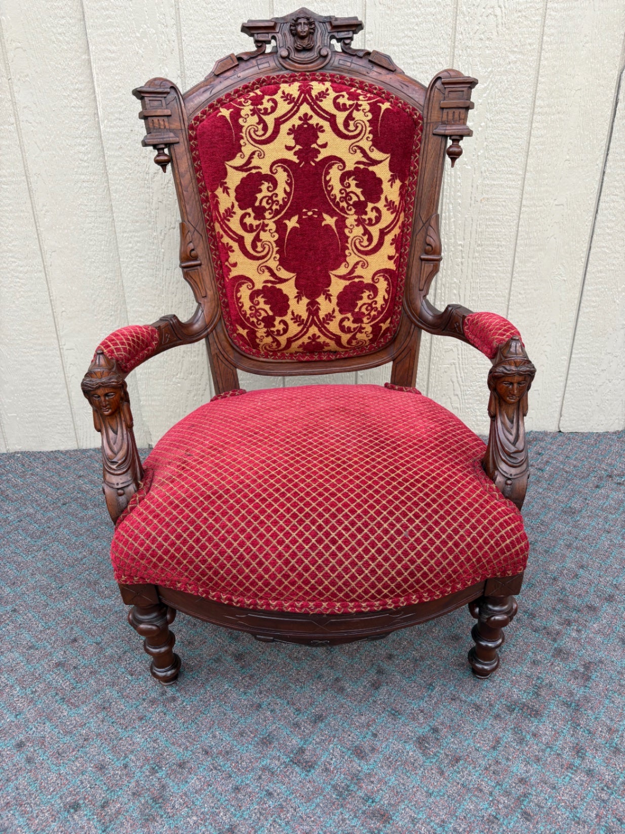 67682 Victorian Carved Walnut Armchair with Red Upholstery