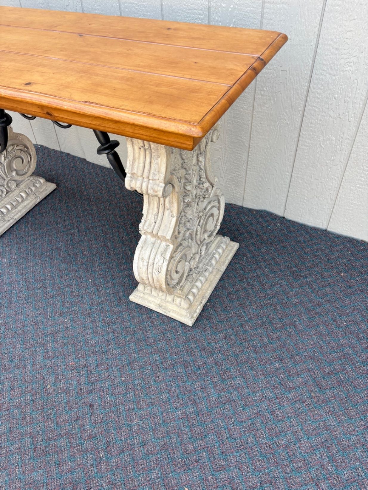 67646  Rustic Console Table with Carved Stone Base and Iron Accents