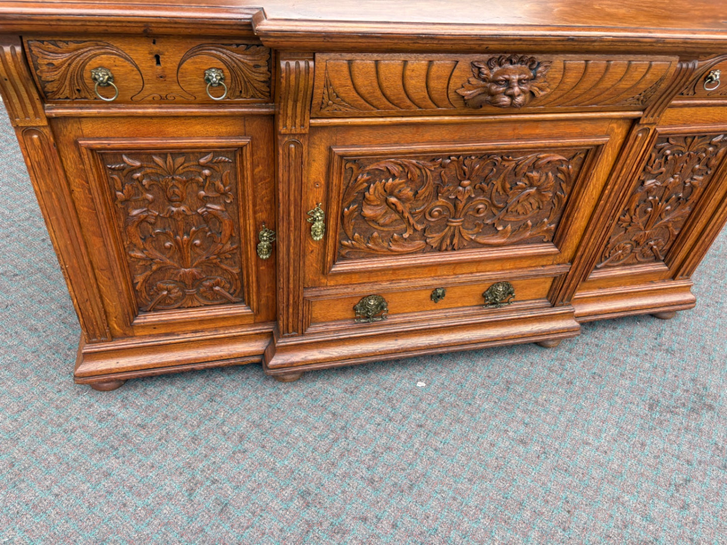 67852  Ornate Victorian Oak Buffet with Mirror and Carved Details