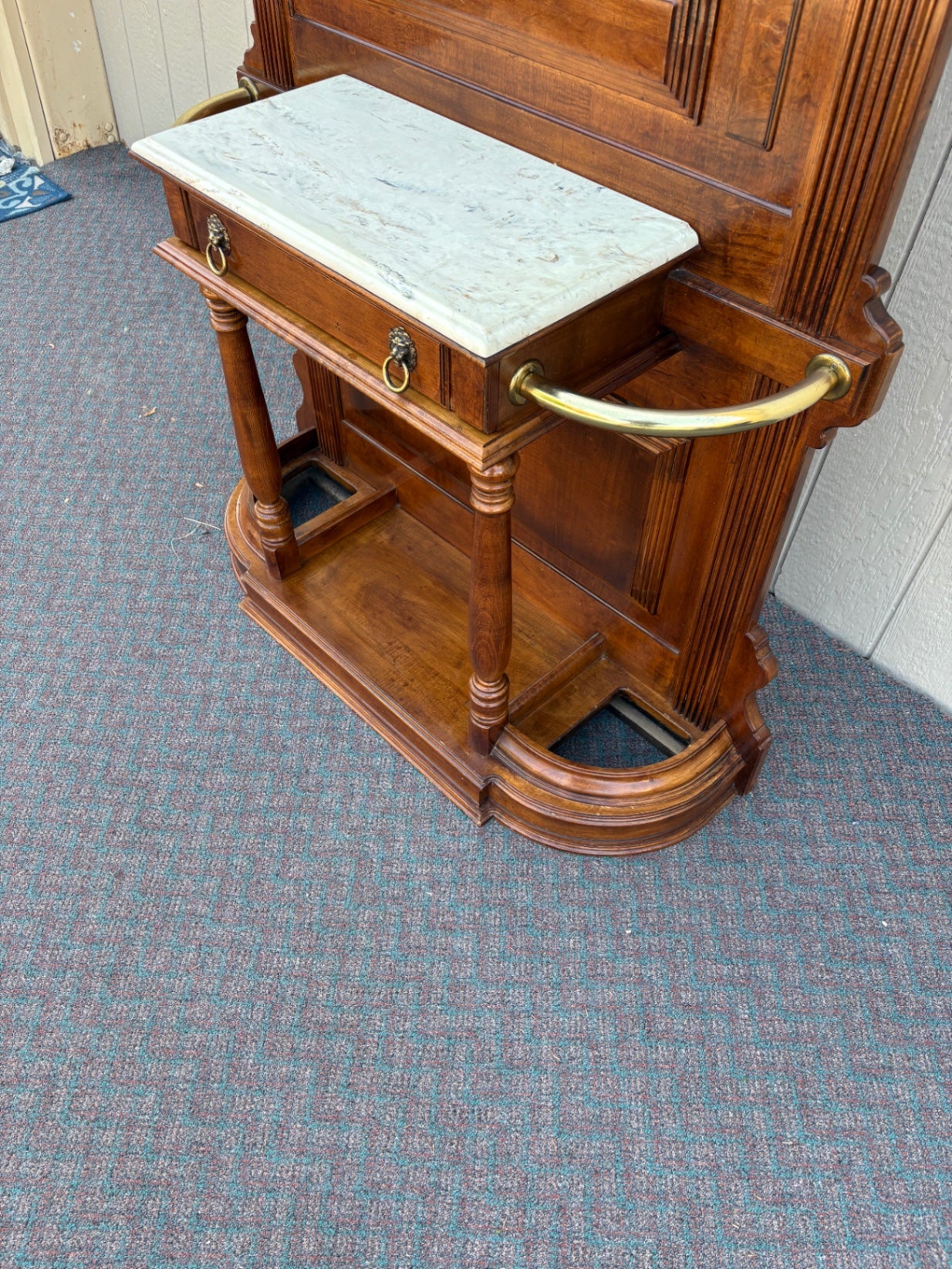 67756 Victorian Hall Tree with Mirror and Marble Shelf, Solid Walnut