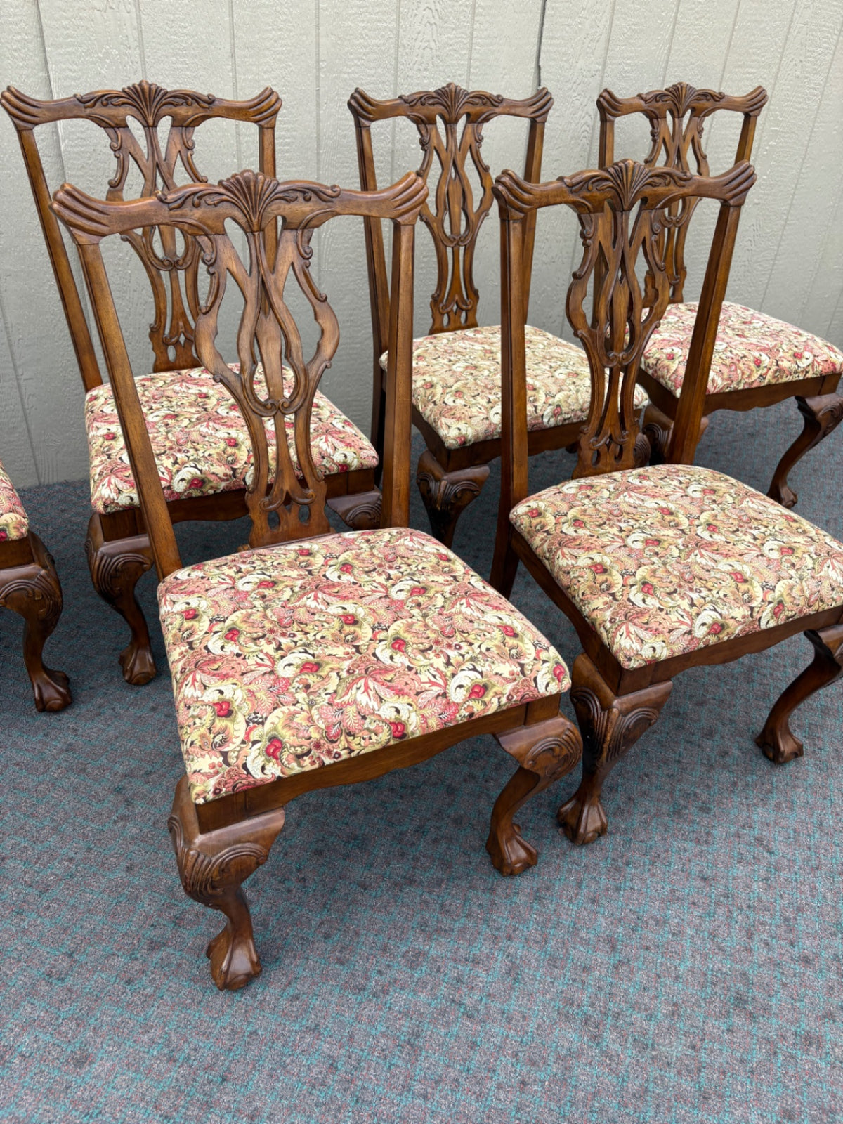 67996  Set of 6 Chippendale Style Dining Chairs with Upholstered Seats