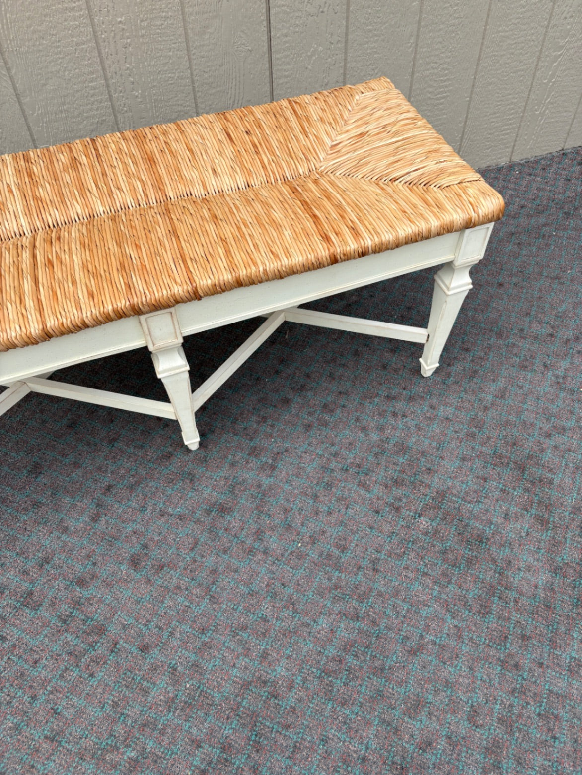 68074 Rustic French Country Rush Seat Bench with Painted Wood Frame