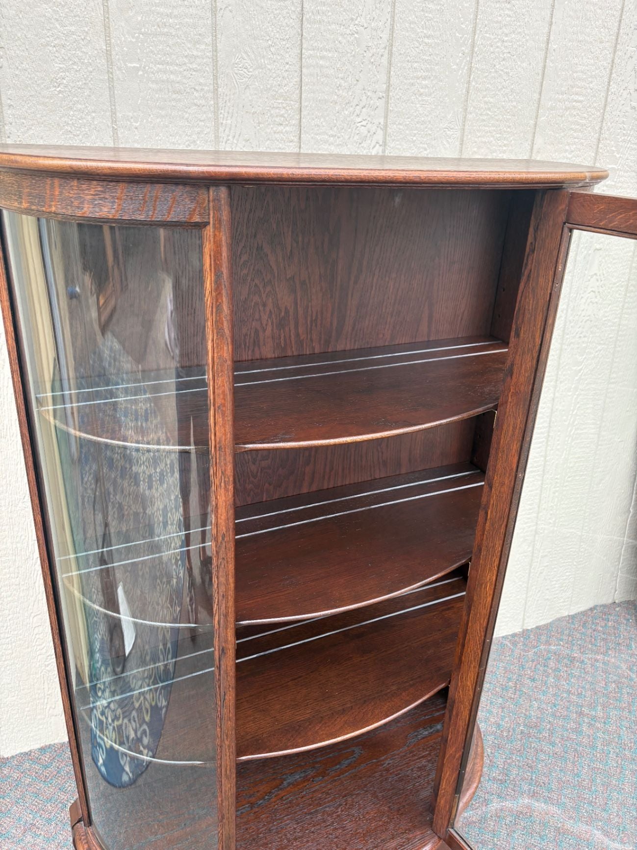 67680  Antique Bowed Oak China Cabinet with Glass Door Display
