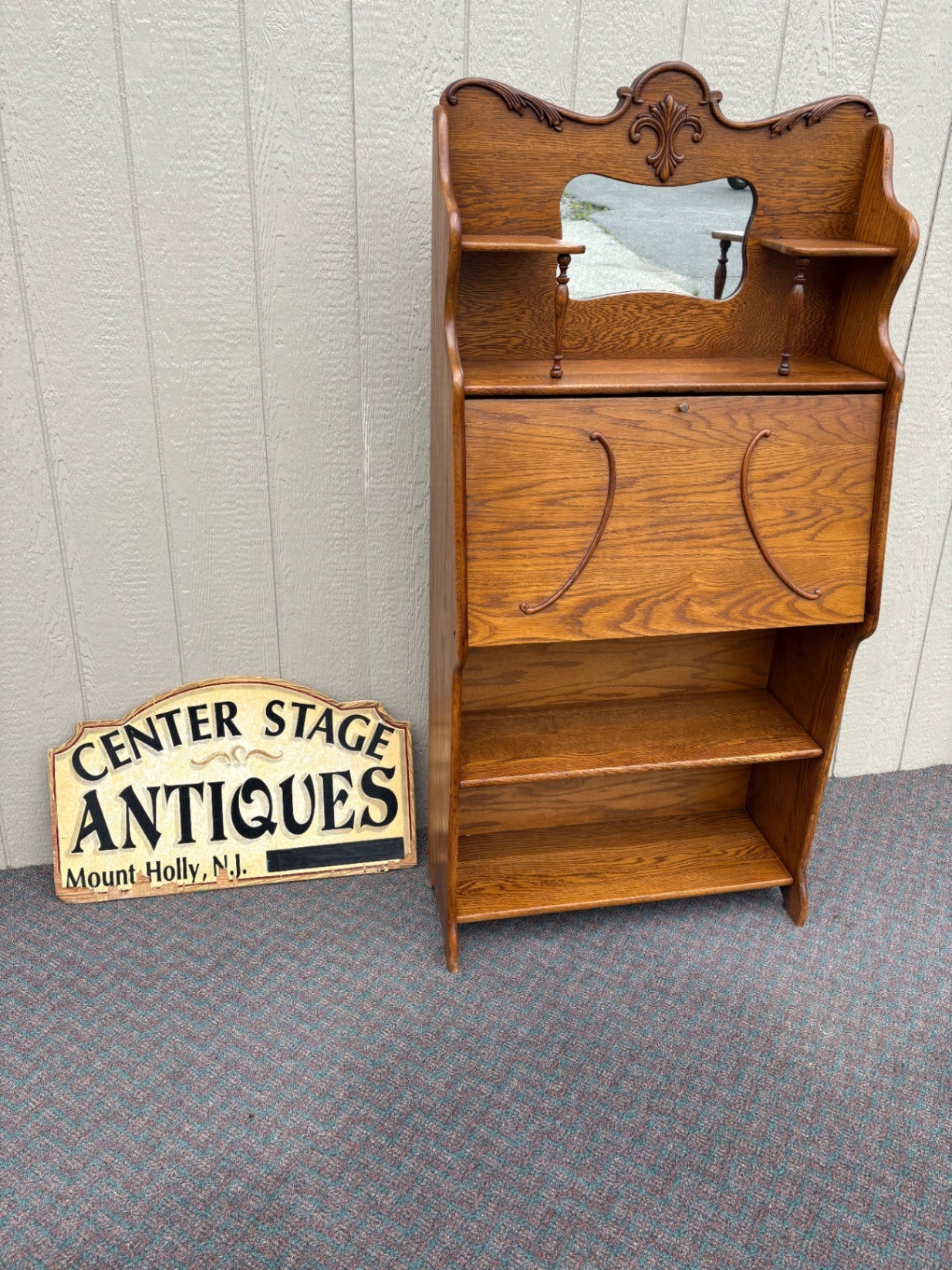 67826 Antique Oak Larkin Desk with Mirror and Shelving, Early 1900s