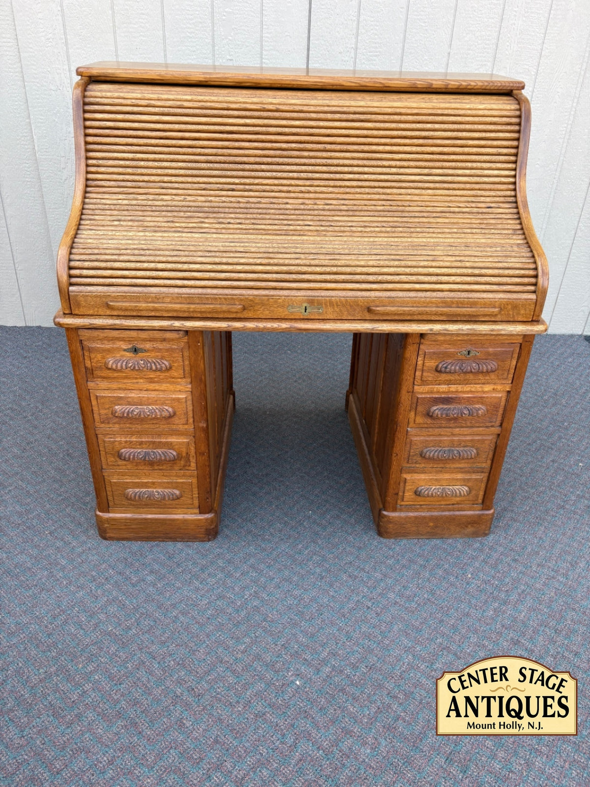 68012 Antique Oak Roll Top Desk with Brass Hardware and Storage
