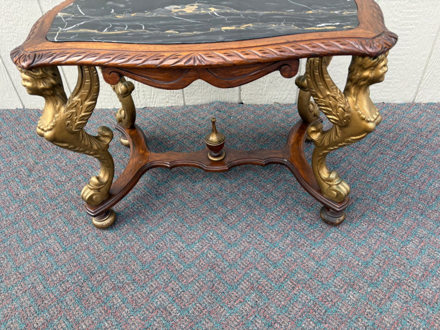 67619 Elegant Figural Carved Coffee Table with Marble Top Winged angel